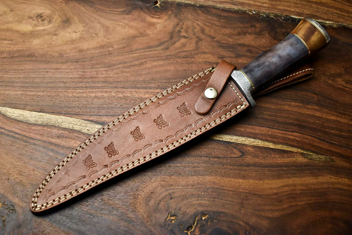 HS-314 Custom Hand Made Damascus Steel Blade Bowie Hunting Knife | CAMEL BONE