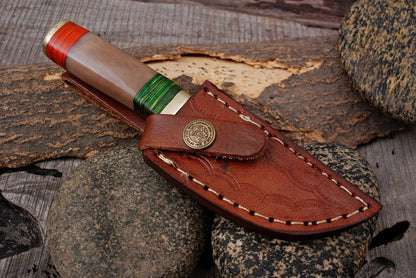 HS-794 Six Inch Custom Handmade Damascus Skinner Knife With Wood & Bone Handle