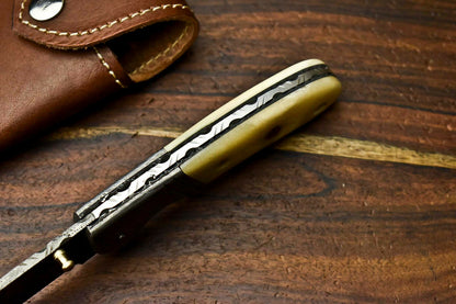 HS-1133 Custom Handmade Damascus Steel Blade Liner-Lock Pocket Folding Knife| CAMEL BONE