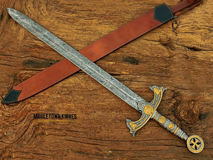 HS-1093 | Fully Handmade Damascus Steel Viking Medieval Sword, Customized leather Cover Gift for husband