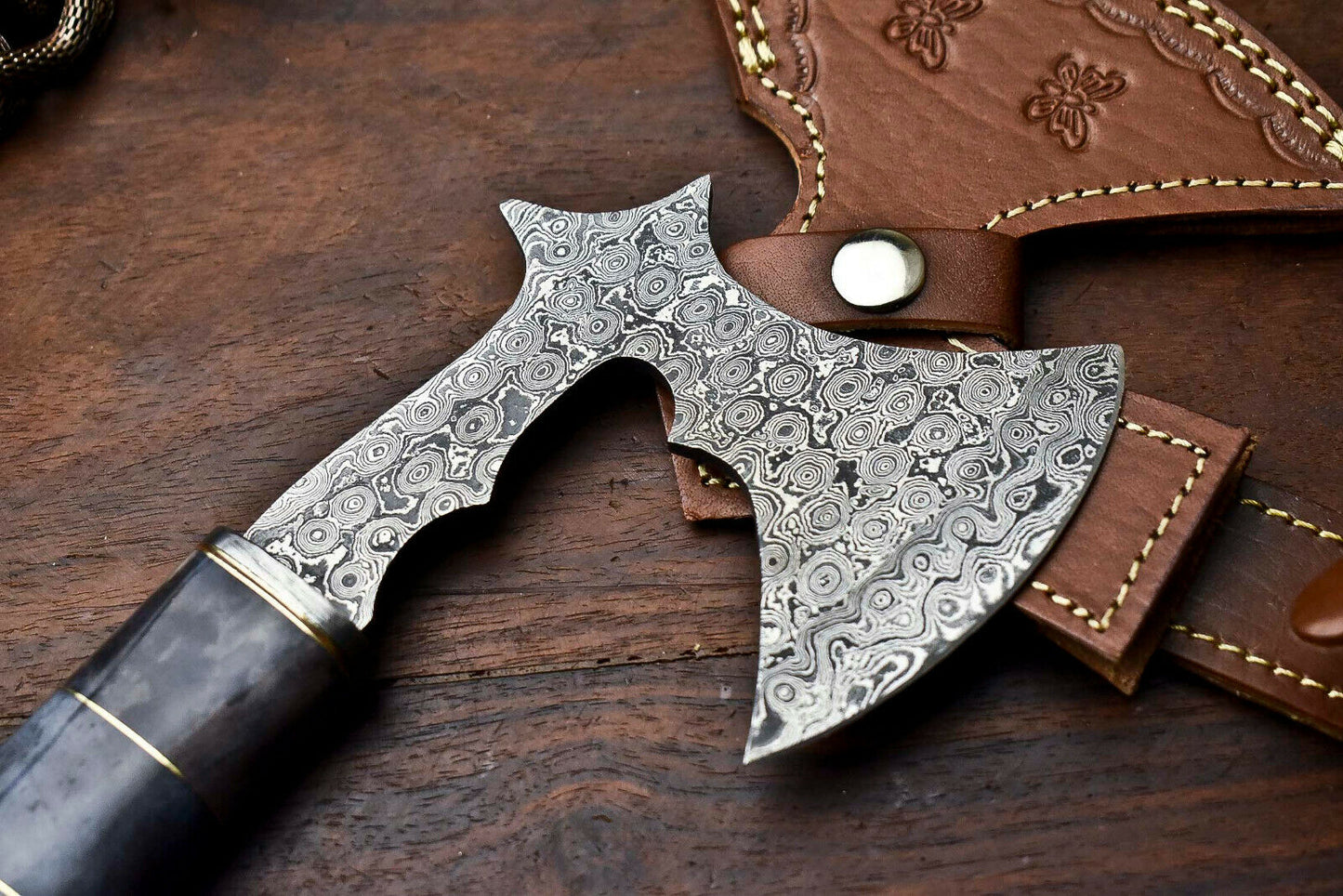HS-1058 | Custom Hand Made Damascus Blade Hunting Hatchet Mini Viking Axe | Camel Bone