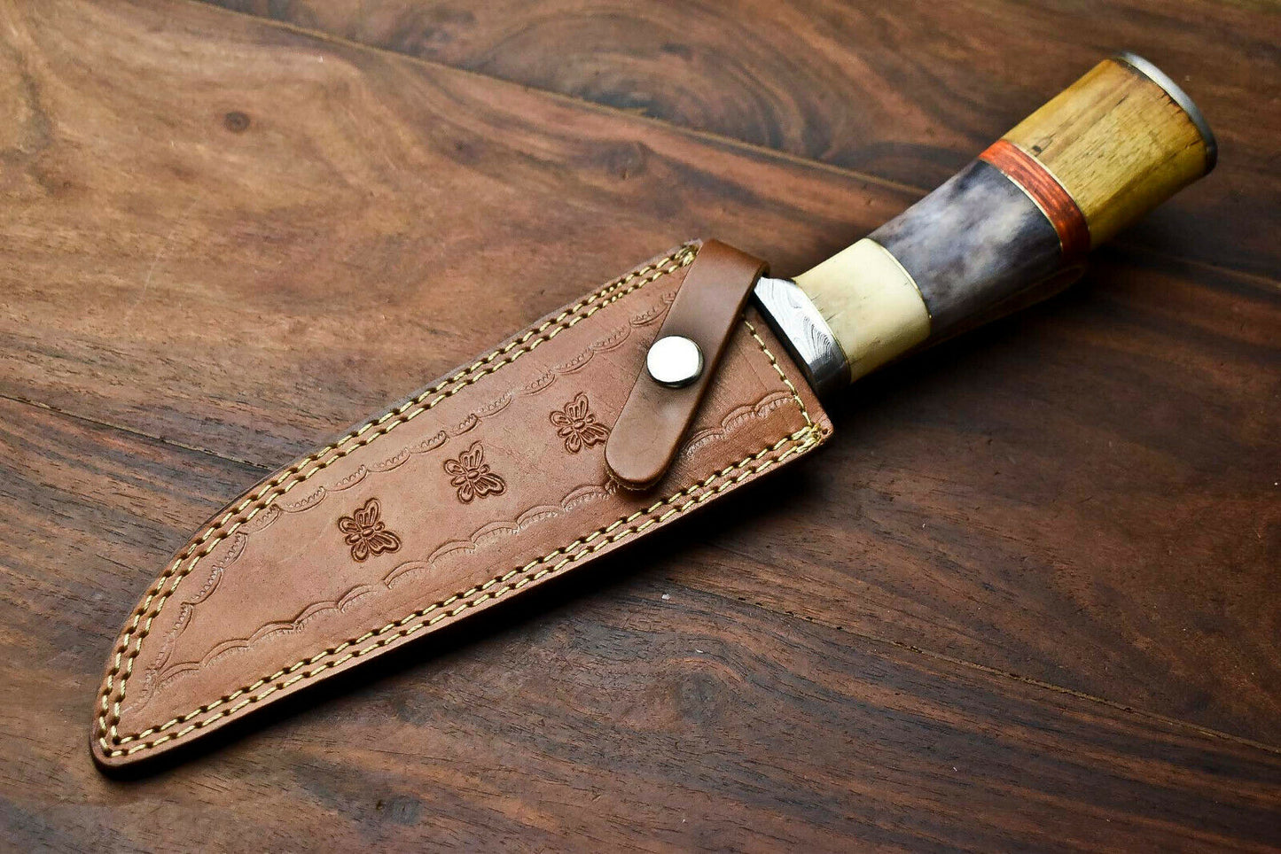 HS-325 | Custom Handmade Damascus Steel Bowie/Hunting Knife - Colour Camel Bone Handle