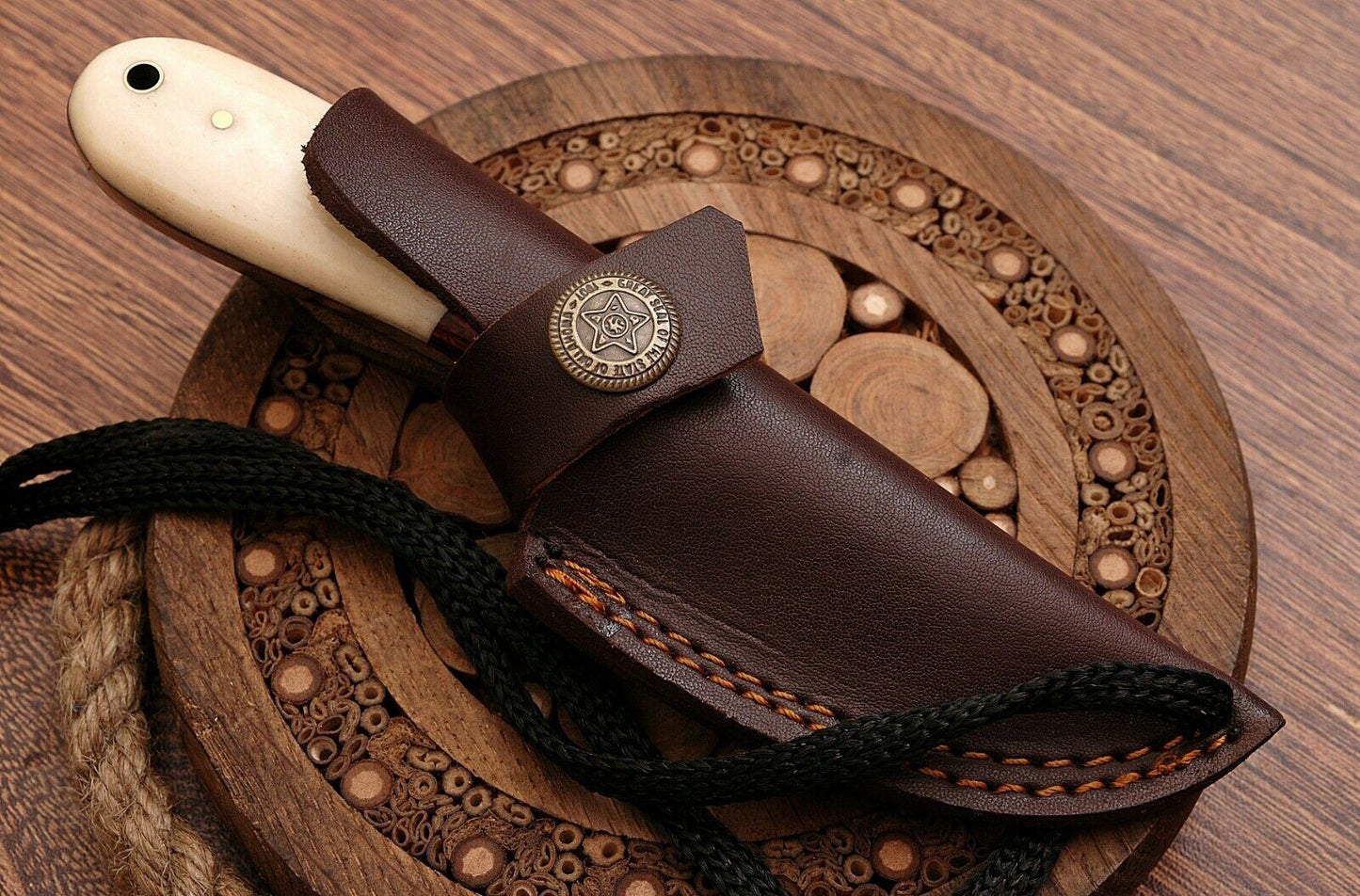 HS-758 Custom Handmade Damascus Steel Skinner Knife 6.0 inch Overall And Camel Bone+Hard Wood Handle