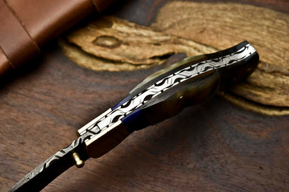 Custom Handmade Damascus Steel Blade Liner-Lock Pocket Folding Knife| Ram Horn