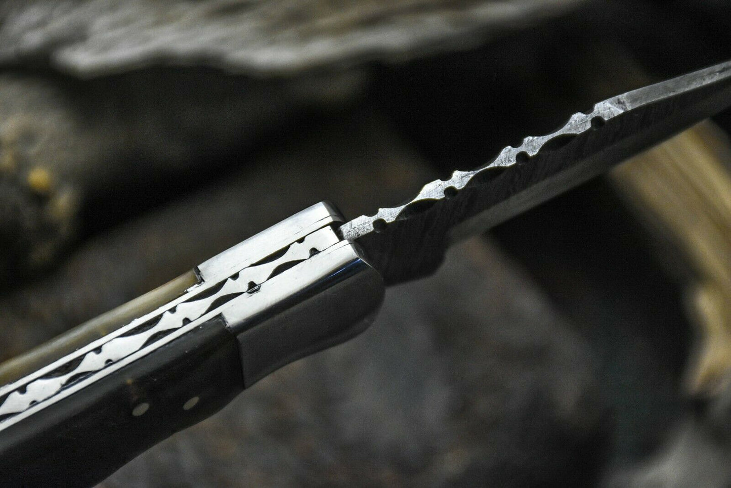 HS-1116 "  CUSTOM HANDMADE DAMASCUS STEEL BLADE FOLDING KNIFE RAM HORN