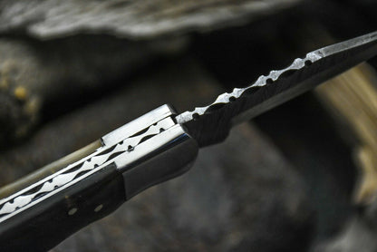 HS-1116 "  CUSTOM HANDMADE DAMASCUS STEEL BLADE FOLDING KNIFE RAM HORN
