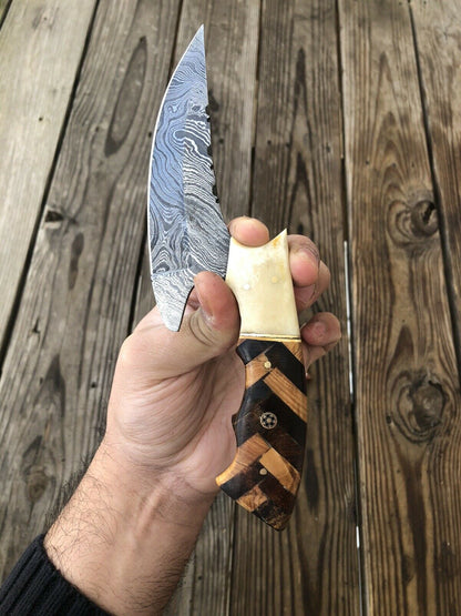 HS-434 | Custom Handmade Damascus Hand Forged Hunting Knife - Wood Bone Handle