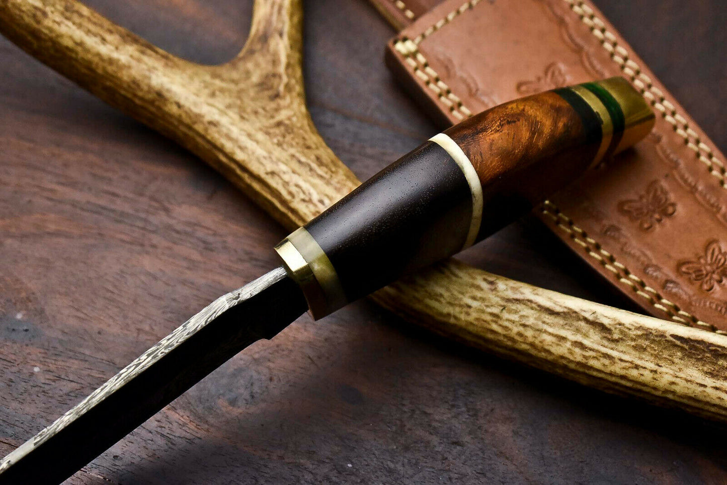HS-328 | Custom Handmade Damascus Steel Hunitng/Bowie Knife - Wood + Brass Handle