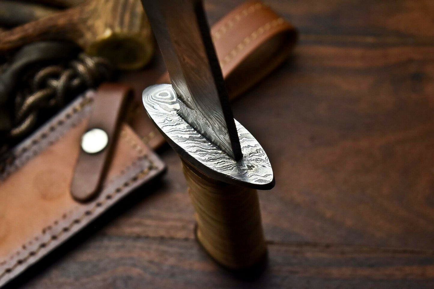 HS-331 | Custom Handmade Damascus Steel Hunitng/Bowie Knife - Leather Handle