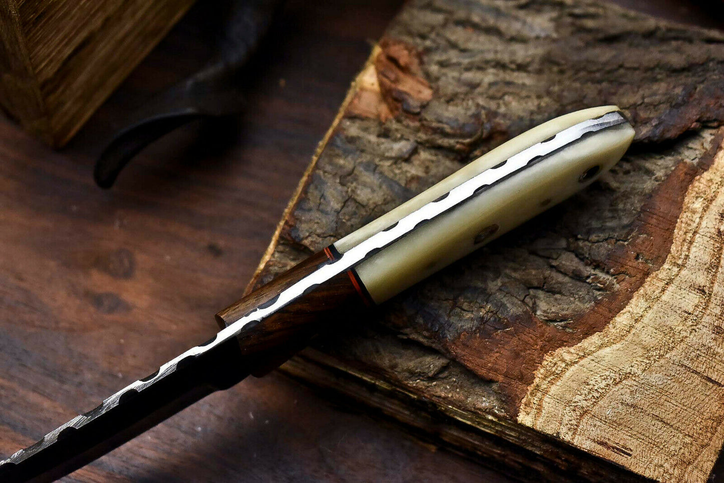 HS-718 Custom Handmade Camel Bone & Wood Hanlde Damascus Steel Skinner Knife - Great Price