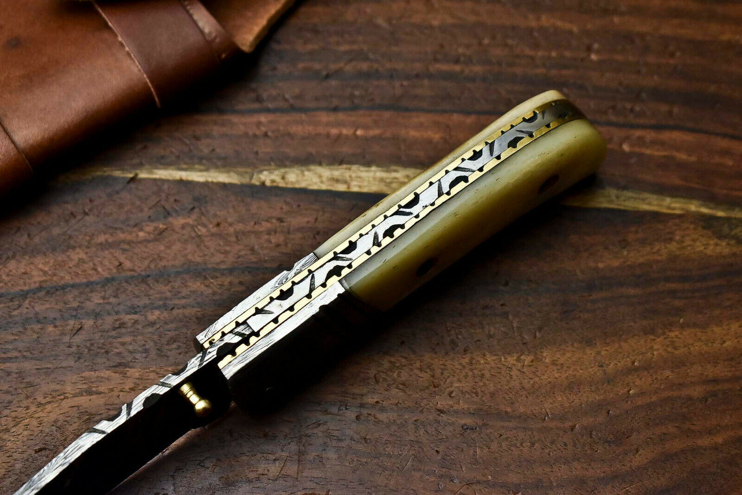 HS-1140 Custom Handmade Damascus Steel Blade Liner-Lock Pocket Folding Knife| CAMEL BONE