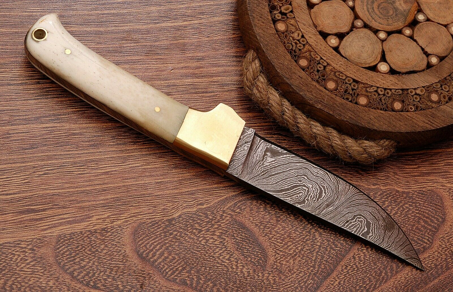 HS-760 Custom Handmade Damascus Skinner Knife + Brass Bolster And Camel Bone Handle