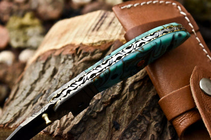 Custom Handmade Damascus Steel Pocket Folding Knife - Beautiful Resin Handle