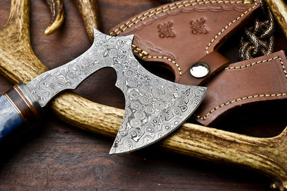 HS-1057 | Custom Hand Made Damascus Blade Hunting Hatchet Mini Viking Axe | Camel Bone & Wood