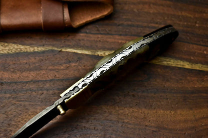 HS-1138 Custom Handmade Damascus Steel Blade Liner-Lock Pocket Folding Knife| RAM'S HORN