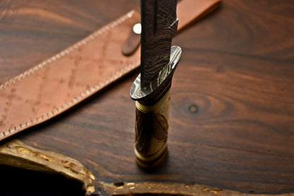 HS-334 | Custom Handmade Damascus Steel Hunitng/Bowie Knife - Engraved Camel Bone Handle