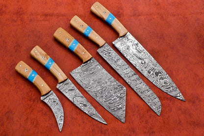 Hs-138 Custom Handmade Damascus Steel 5 Pc's Chef Set with Turquoise and Wood Handle
