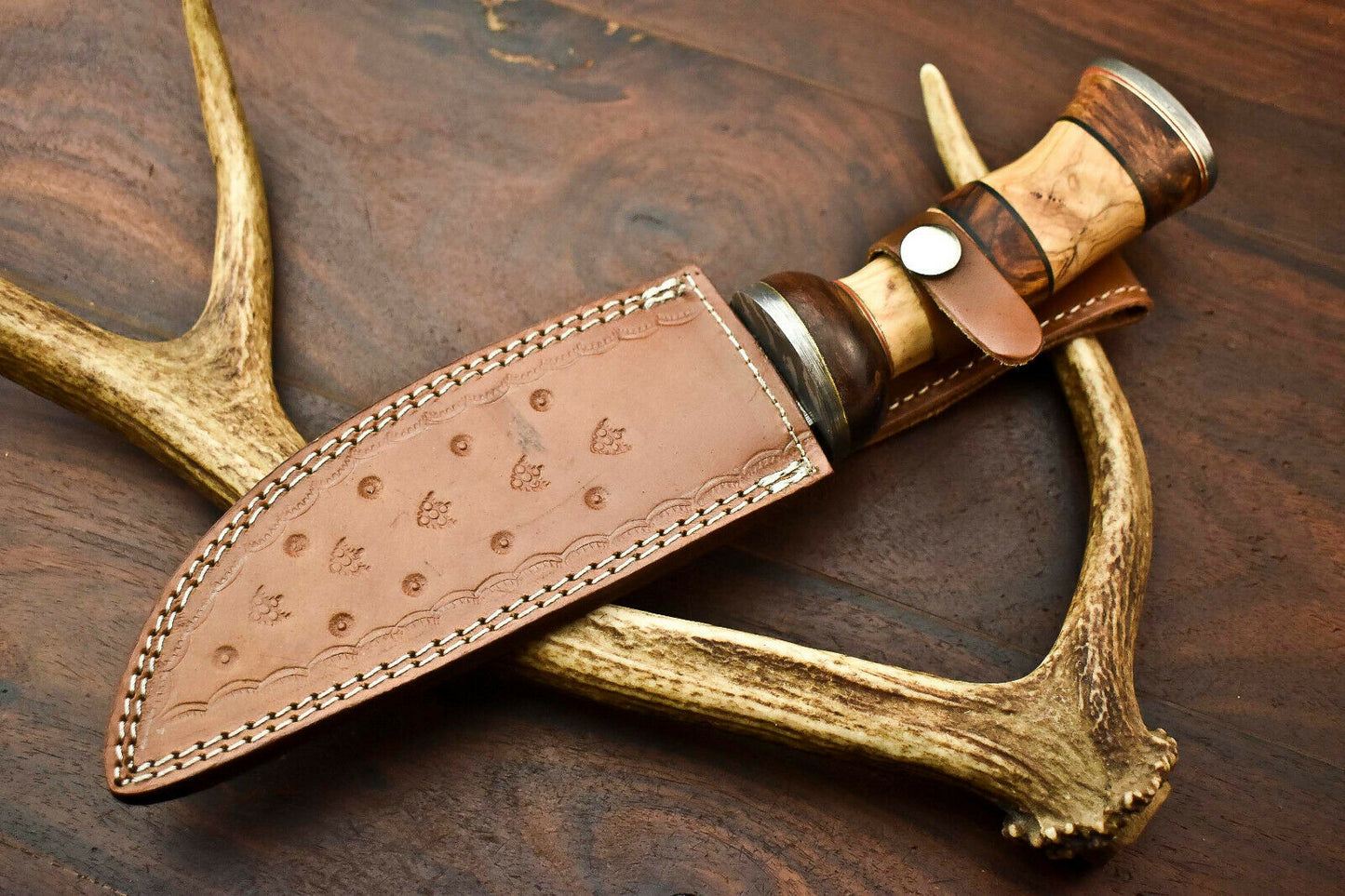 HS-401 | Custom Handmade Damascus Steel Camping Hunting Knife - Beautiful Olive Wood Handle