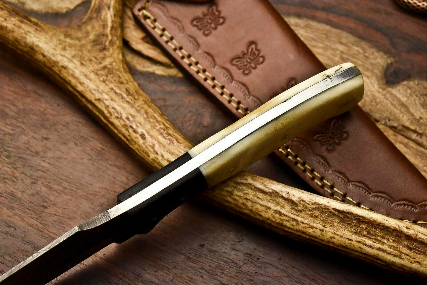 HS-403 | Custom Handmade Awesome Camel Bone/Black Sheet Handle Damascus Steel Hunting Knife - Great Price
