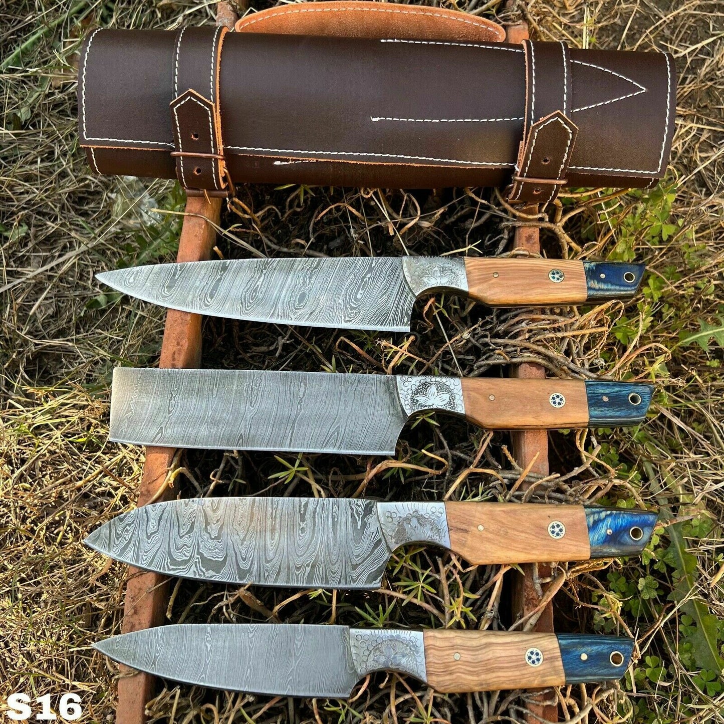 HS-127 '' Hand Forged Damascus Steel Hunting Chef Kitchen Knife Set W/ Sheath
