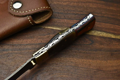 HS-1139 Custom Handmade Damascus Steel Blade Liner-Lock Pocket Folding Knife| Ram Horn