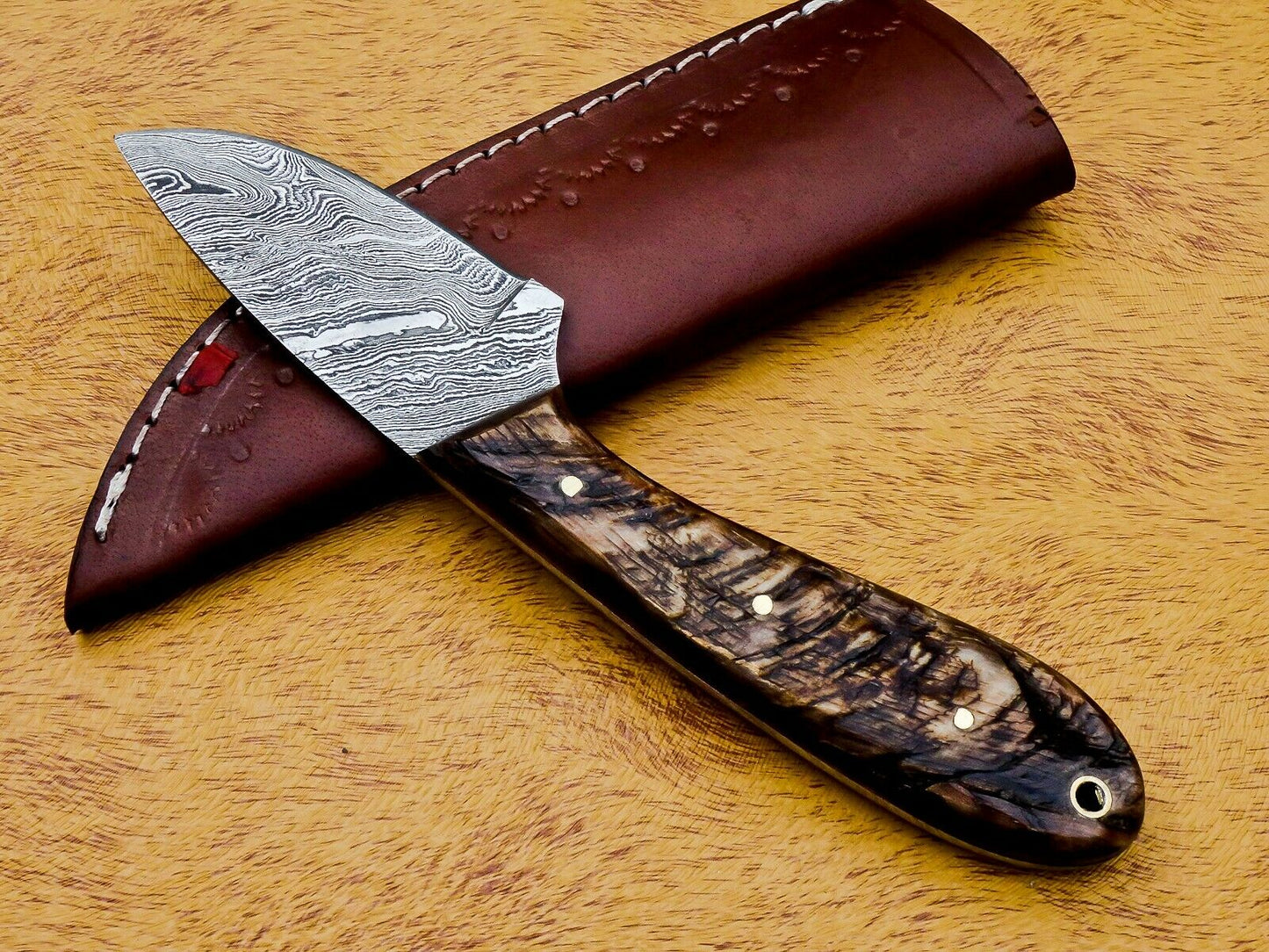 HS-584 CUSTOM DAMASCUS STEEL HUNTING/BOWIE/DAGGER KNIFE HANDLE RAM HORN WITH SHEATH