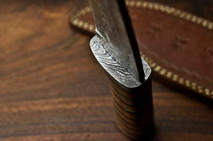 HS-316 Custom Hand Made Damascus Steel Blade Bowie Hunting Knife | LEATHER