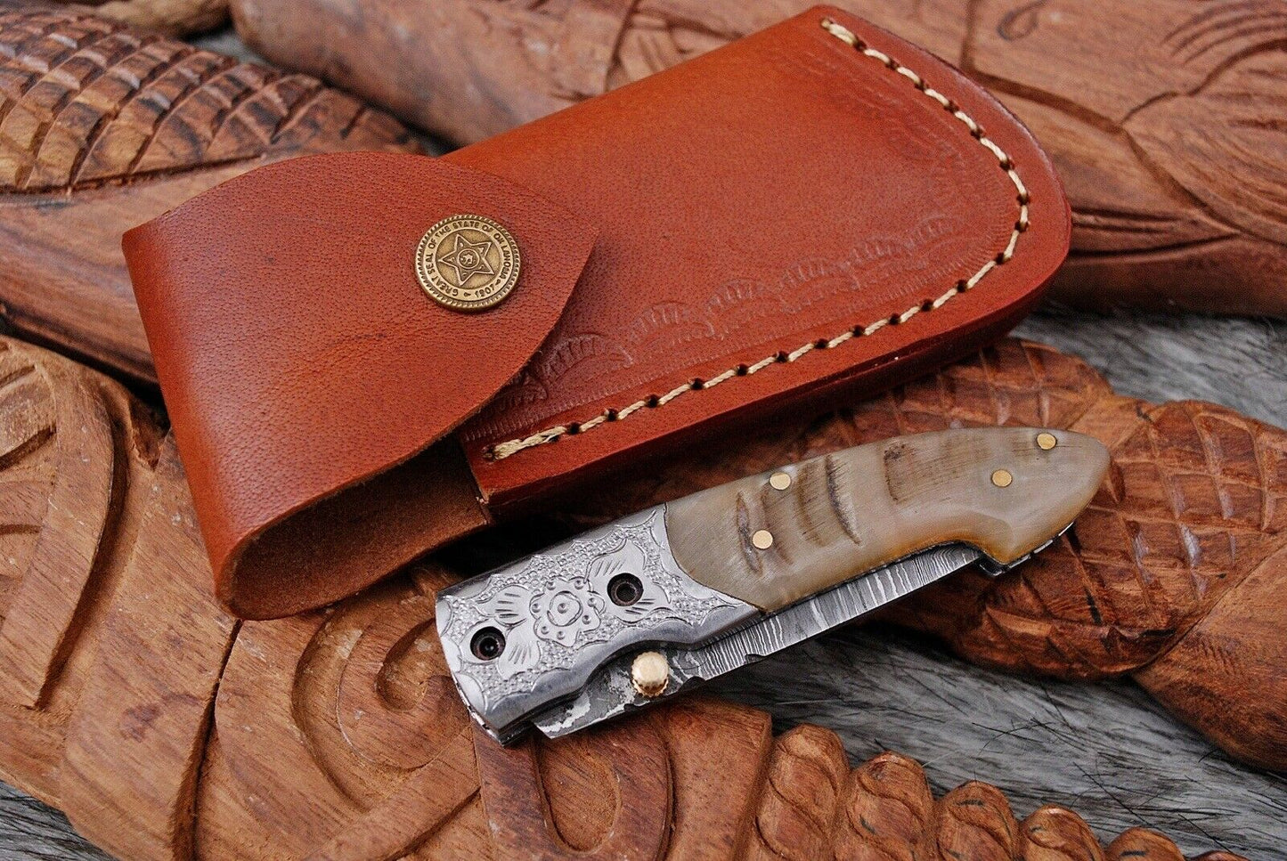 Custom Handmade Damascus Steel Engraved Folding Knife - Ram Horn Handle