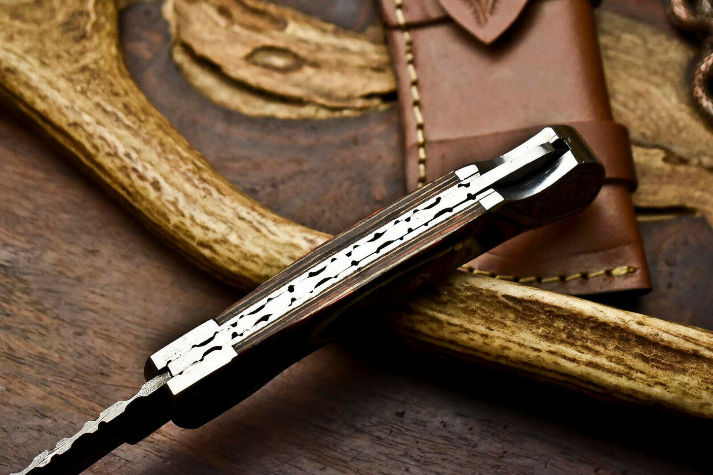 Custom Handmade Damascus Steel Pocket Folding Knife - Beautiful Hard Wood Handle