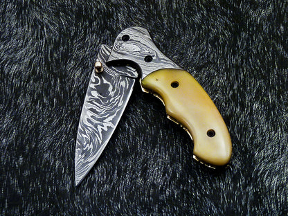 Damascus Liner Lock Folding Knife – Camel Bone | Twist Blade | HS-1124