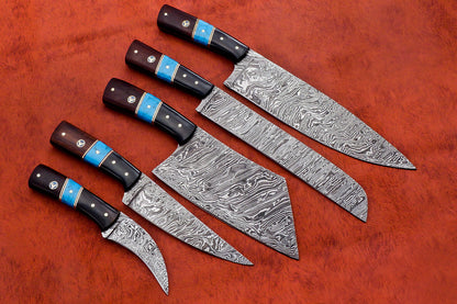 HS-142 Custom Handmade Damascus Steel 5 Pc's Chef Set with Turquoise,Resin,Wood Handle