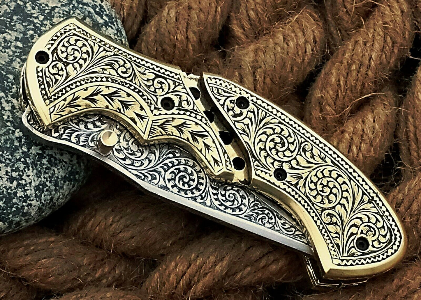 Custom Hand Engraved Folding-Pocket Knife Life Time Used With Brass Engraved Handle