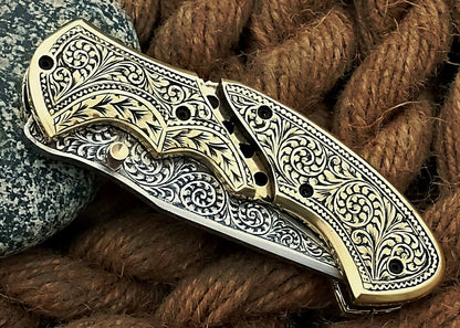 Custom Hand Engraved Folding-Pocket Knife Life Time Used With Brass Engraved Handle