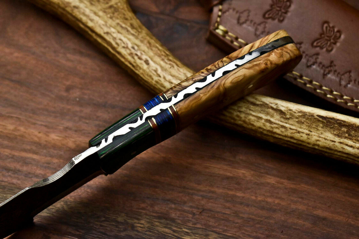 HS-921 Custom Handmade Damascus Steel Tracker Knife - Beautiful Wood Handle