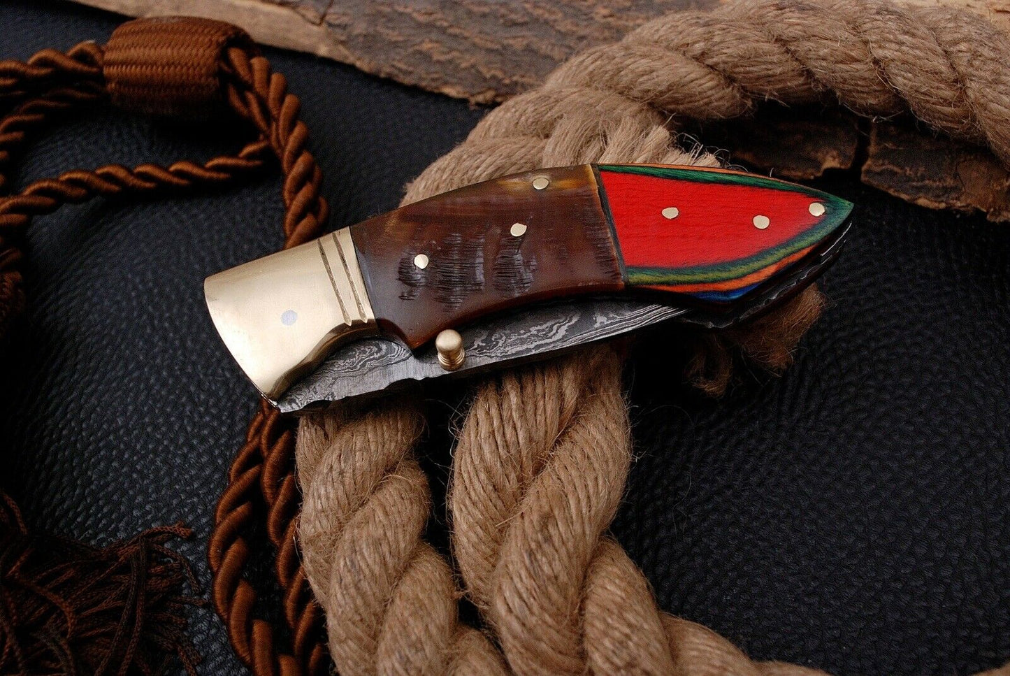 Custom Handmade Damascus Folding-Pocket Knife With Coloured Hard Wood Handle