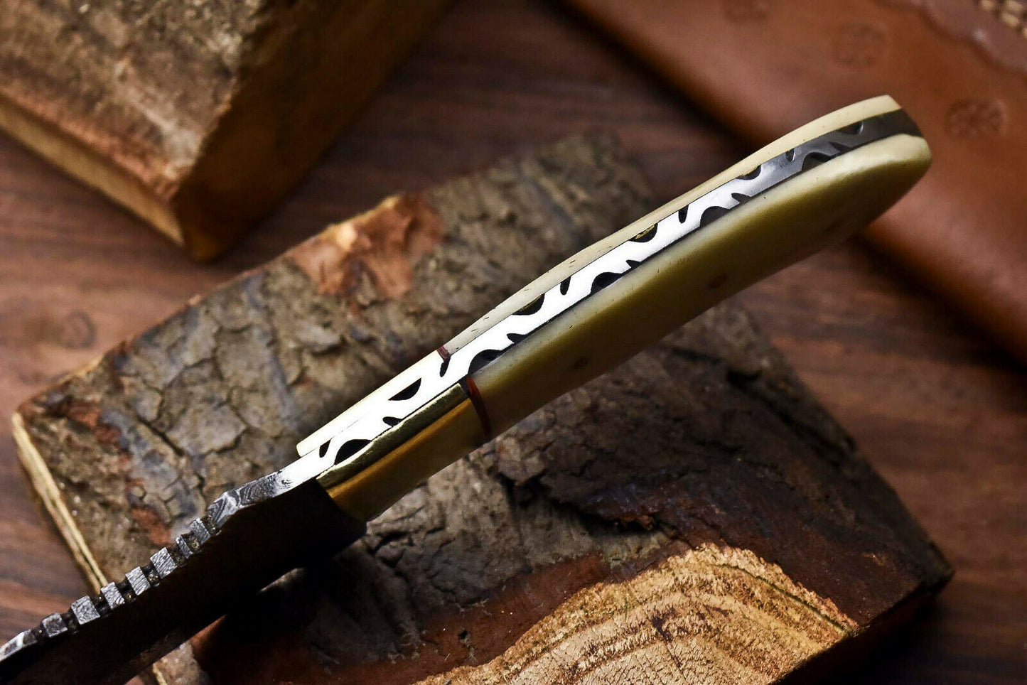 HS-924 Custom Handmade Damascus Steel Camping Tracker Knife - Beautiful Camel Bone Handle