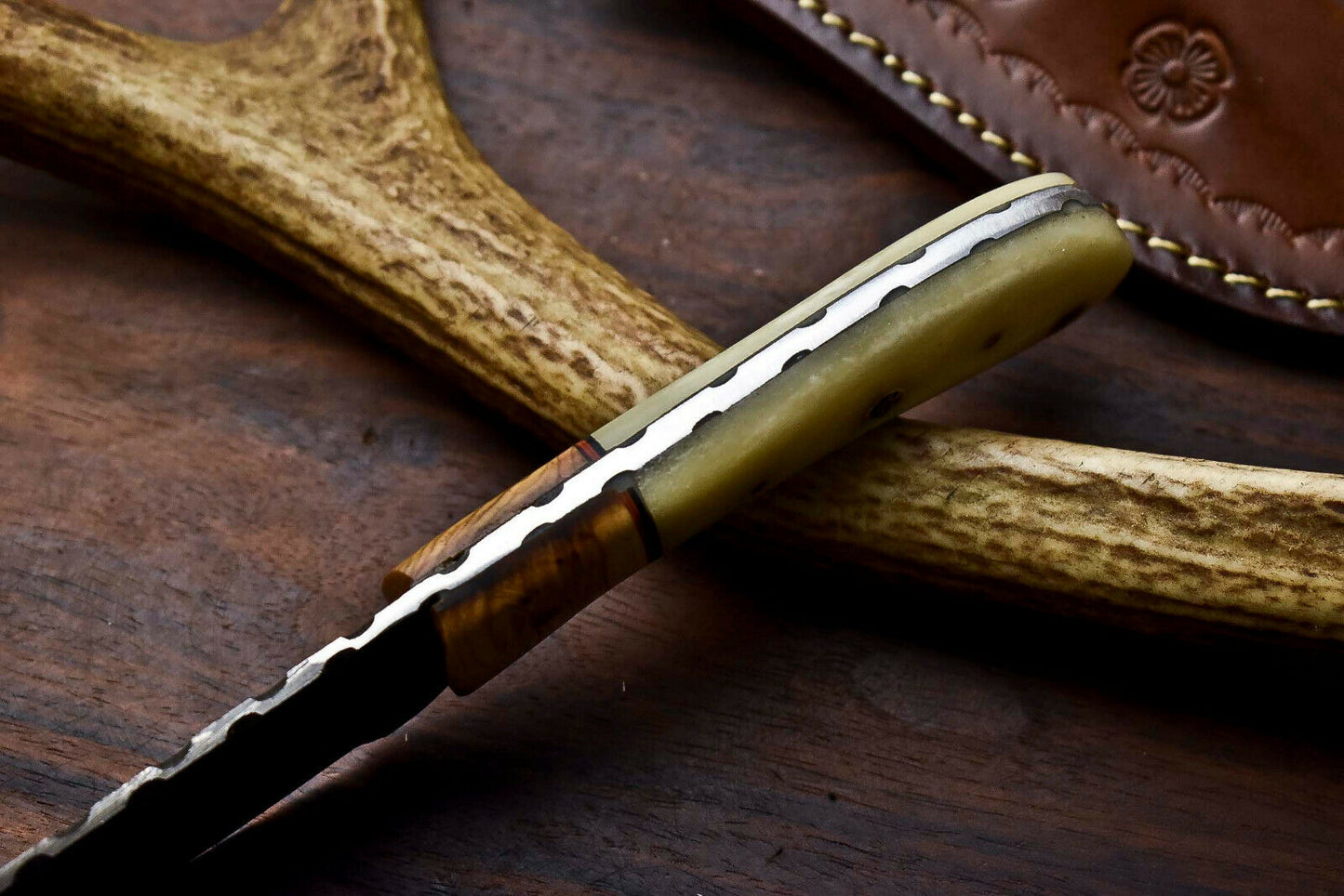 HS-720  Custom Handmade Camel Bone & Wood Handle Damascus Steel Skinner Knife - Great Price