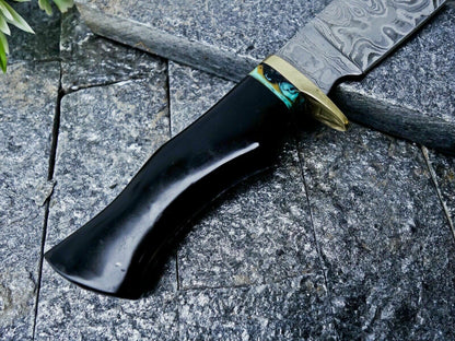Damascus Hunting Knife – Bull Horn Handle | Brass Guard | HS-357