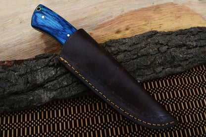 HS-798 Custom Handmade Damascus Skinner Knife With Awesome Blue Hard Wood Handle