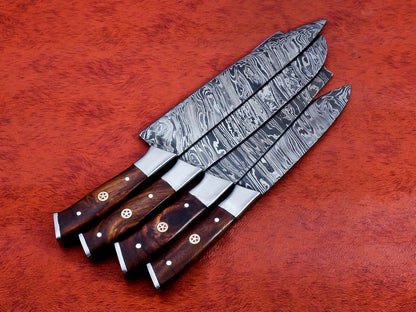 HS-141 Custom Handmade Damascus Steel Full Tang 4 Piece Chef Set with Wood Handle