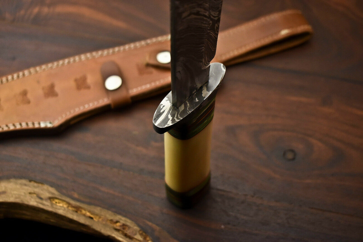 HS-335 | Custom Handmade Damascus Steel Hunting Bowie Knife - Camel Bone Handle