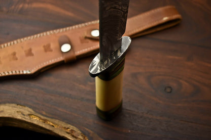 HS-335 | Custom Handmade Damascus Steel Hunting Bowie Knife - Camel Bone Handle