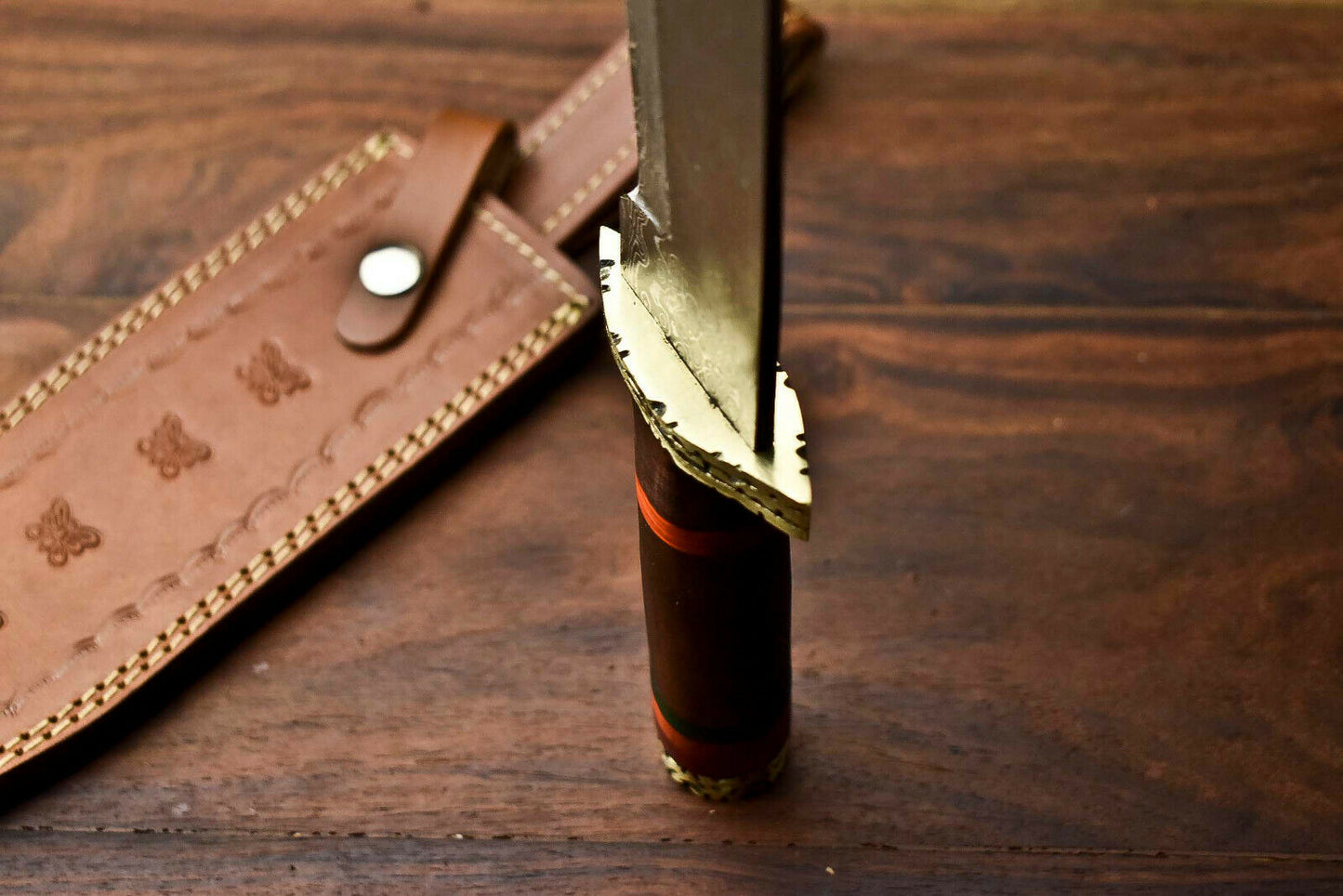 HS-411 | Custom Handmade Damascus Steel Hunting/Bowie Knife - Wood Handle