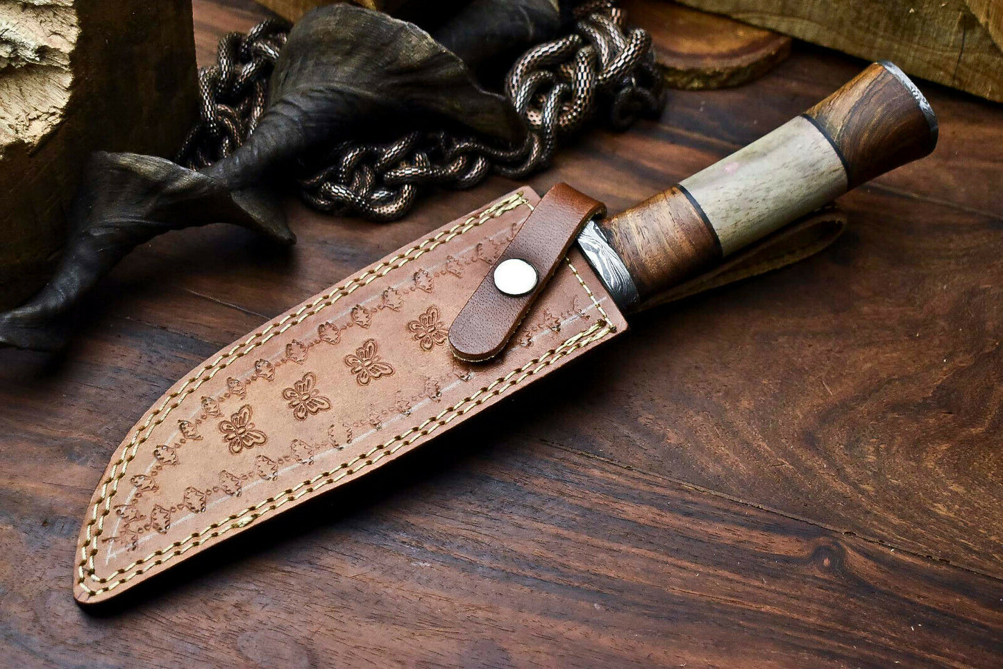 HS-327 | Custom Handmade Damascus Steel Hunitng/Bowie Knife - Wood + Bone Handle