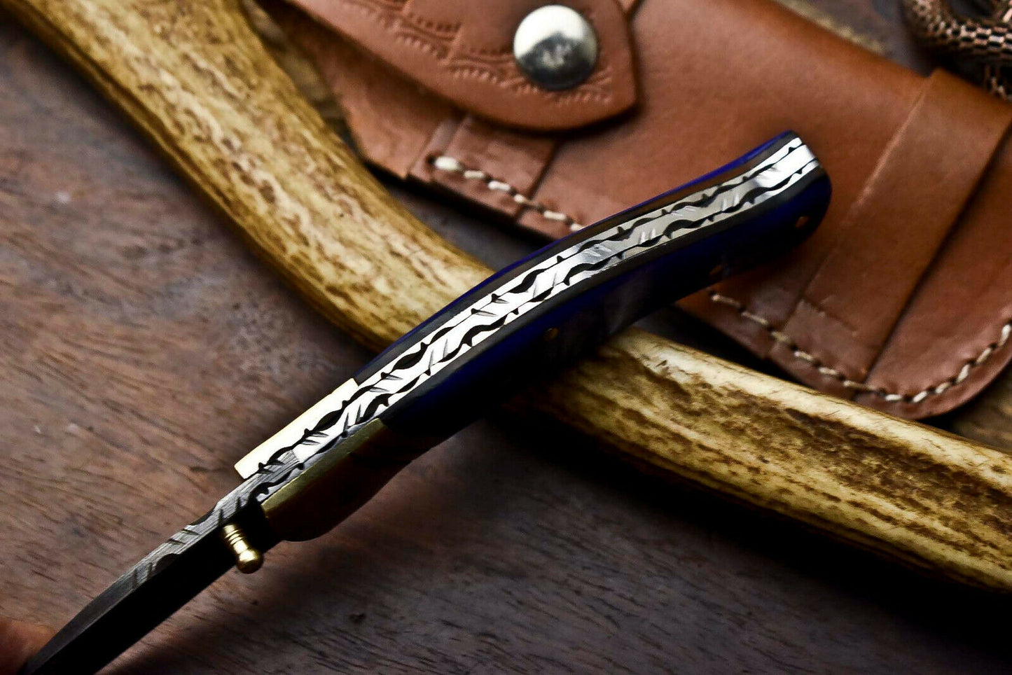 Custom Handmade Damascus Steel Pocket Folding Knife - Beautiful Colour Bone Handle