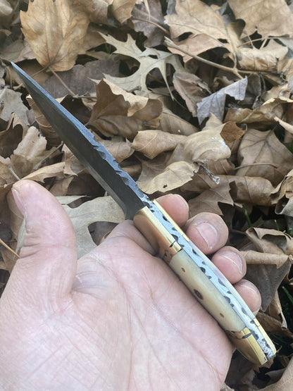 HS-446 | Custom Handmade Damascus Steel Hunting knife - Brass & Bone Handle