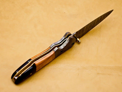 Custom Handmade Damascus Folding-Pocket Knife With Wood Handle