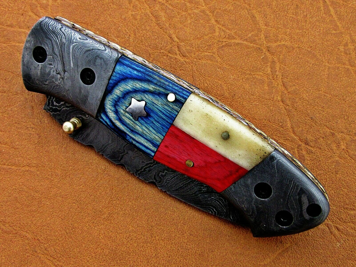 Custom Handmade Damascus Folding-Pocket Knife With Camel Bone & Hard Wood Handle