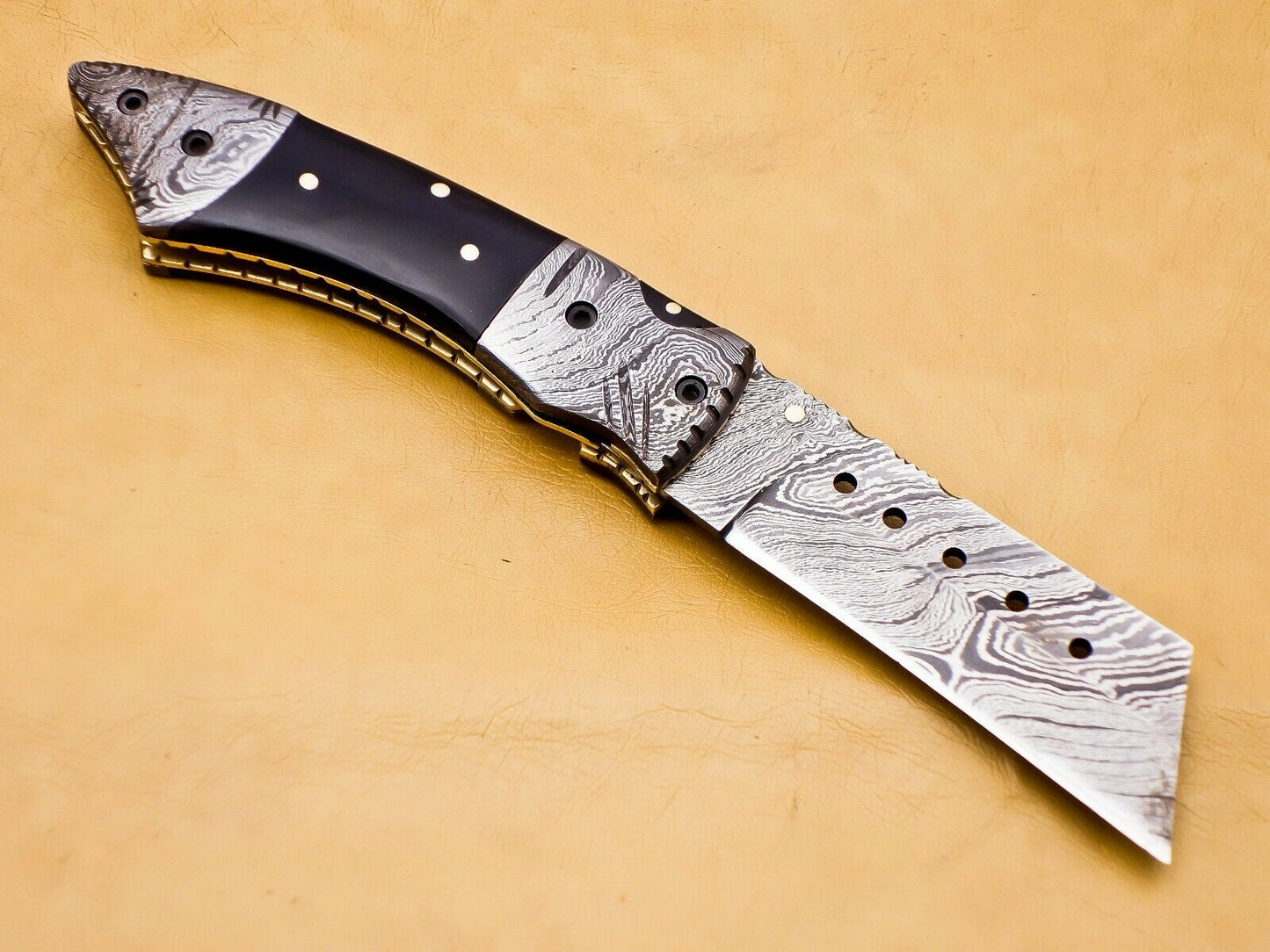 Custom Handmade Damascus Folding-Pocket Knife With Buffalo Horn Handle