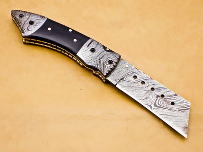 Custom Handmade Damascus Folding-Pocket Knife With Buffalo Horn Handle